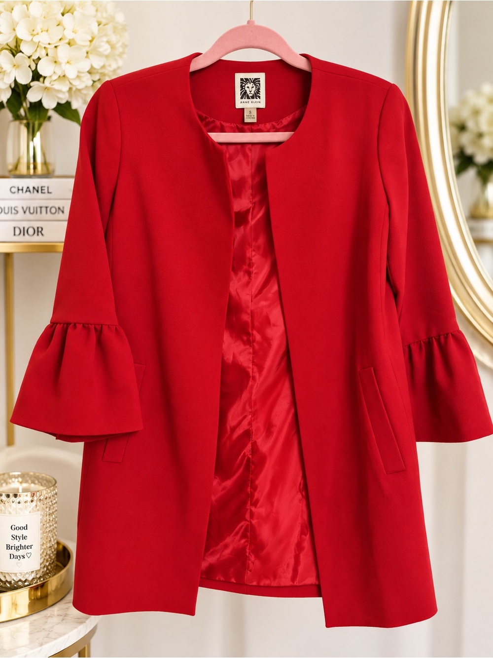 Anne Klein Red Open-Front Blazer with Ruffle Sleeves